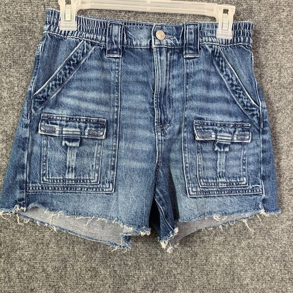 American Eagle Jean Shorts Women Sz 0 Elastic Waist Flap Pockets Hi- Rise - Picture 1 of 8